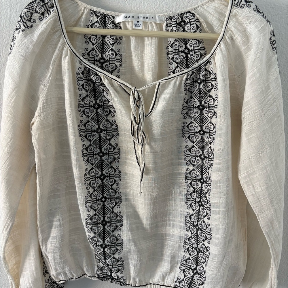 Max Studio Cotton Cream Peasant Tunic with Black Embroidery